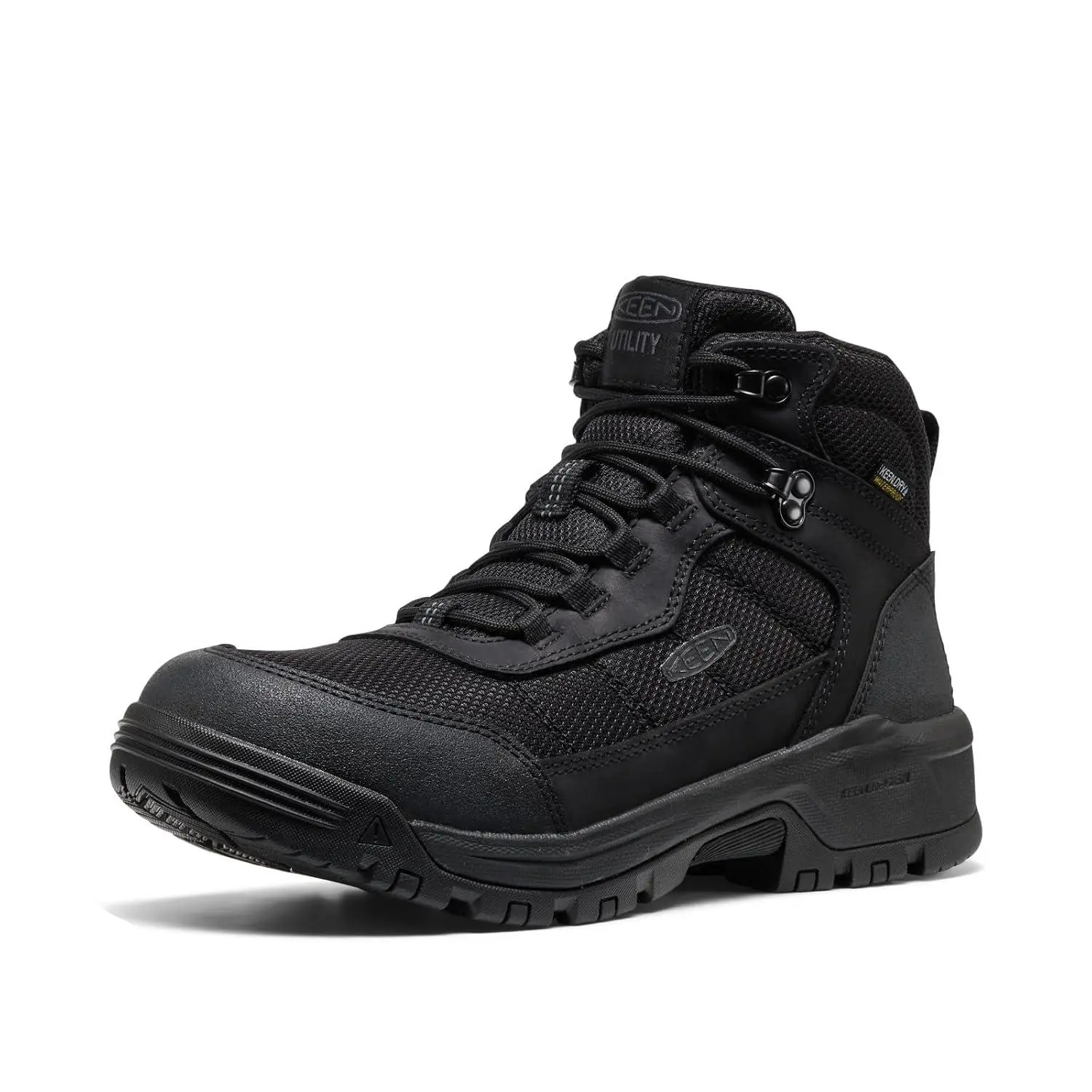 KEEN Utility Men's Skokie Hiker Style Mid Height Soft Toe 90 Degree Waterproof Work Boots, Black/Black, 7 D