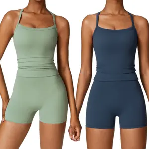 Women's Athletic Set High Stretch Tank Top & High-Waist Running Shorts Stretchy Skinny Activewear Cami Top & Backless Shorts Workout Gym Clothing