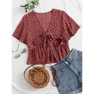 Women’s floral print tie-front shirt, summer clothing for women, elegant butterfly-sleeve V-neck summer top, women’s everyday wear GARMENTARY