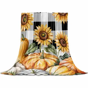 Orange Pumpkin Fall Throw Flannel Blanket for Couch Sofa Bed, Thanksgiving Sunflower Black Checked Microfiber Soft Fleece Blankets All Season Warm Cozy Bedding for Women Men Kids,