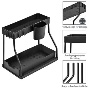 Under Sink Organizer 2-Tier Sliding Pull-Out Storage Basket, Sturdy Frame, Space-Saving for Kitchen Bathroom Laundry Adjustable Holder Adjustable Dividers Smooth Cabinet