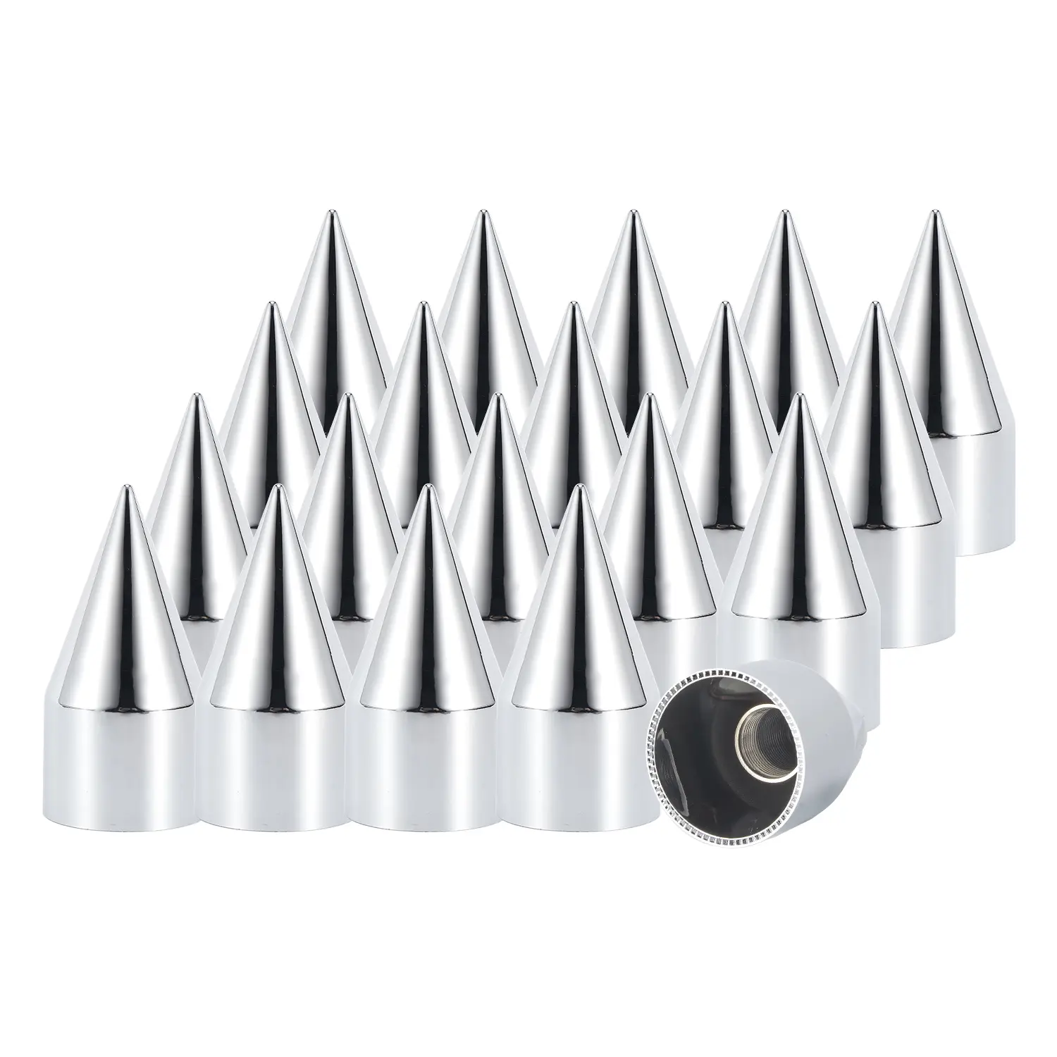 33mm x 4 1/4" Thread-On Chrome Spike Lug Nut Covers, ABS Plastic Pointed Screw-On Caps for Semi-Trucks Trailer