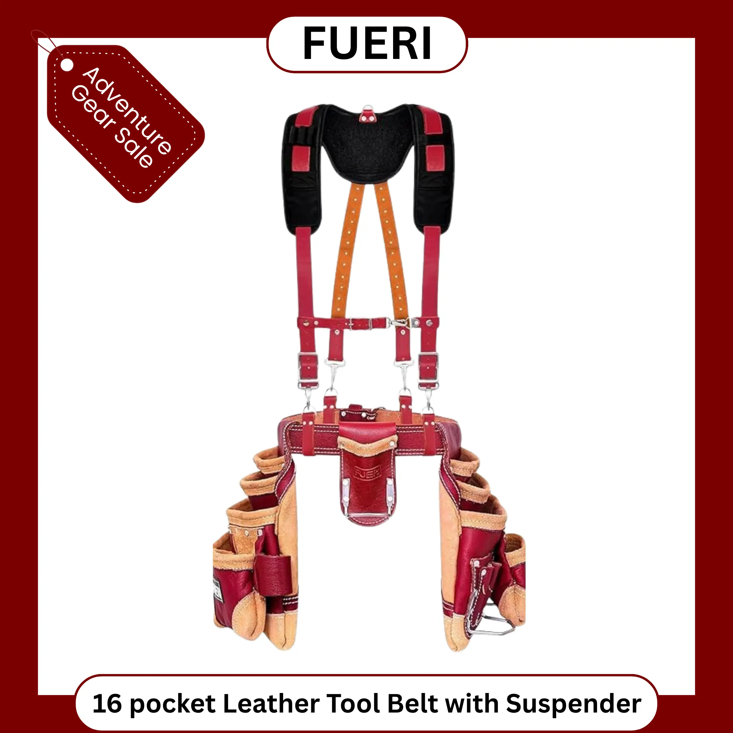 FUERI 16 Pocket Leather Tool Belt with Suspenders,Comes with Padded Belt, Big Pouches, Hammer Holder,Suspender loops and Leather Suspender, Ideal for Construction Workers, Carpenters and Electrician. Safety