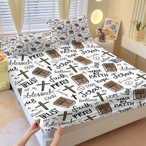 3Pcs Christian Faith Fitted Sheet Set with 2 Pillowcases, Holy Bible Cross Print Deep Pocket Elastic Mattress Cover, Religious Words (Pray, Faith, Hope) Bedding, Soft Microfiber Non-slip Bedspread for Bedroom Decor