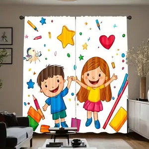 Back-To-School Kids Curtain Set, Home Decoration Curtain, Modern Rod Pocket Design, Durable Polyester Fabric, Ideal for Living Room & Bedroom Decor