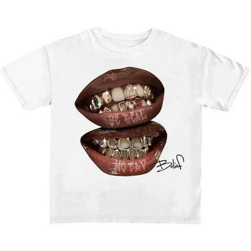 Men's Lips Print Graphic Tees Y2k T Shirts Summer Crew Neck Short Sleeve Vintage Going Out Drop Shoulder Tee Tops......