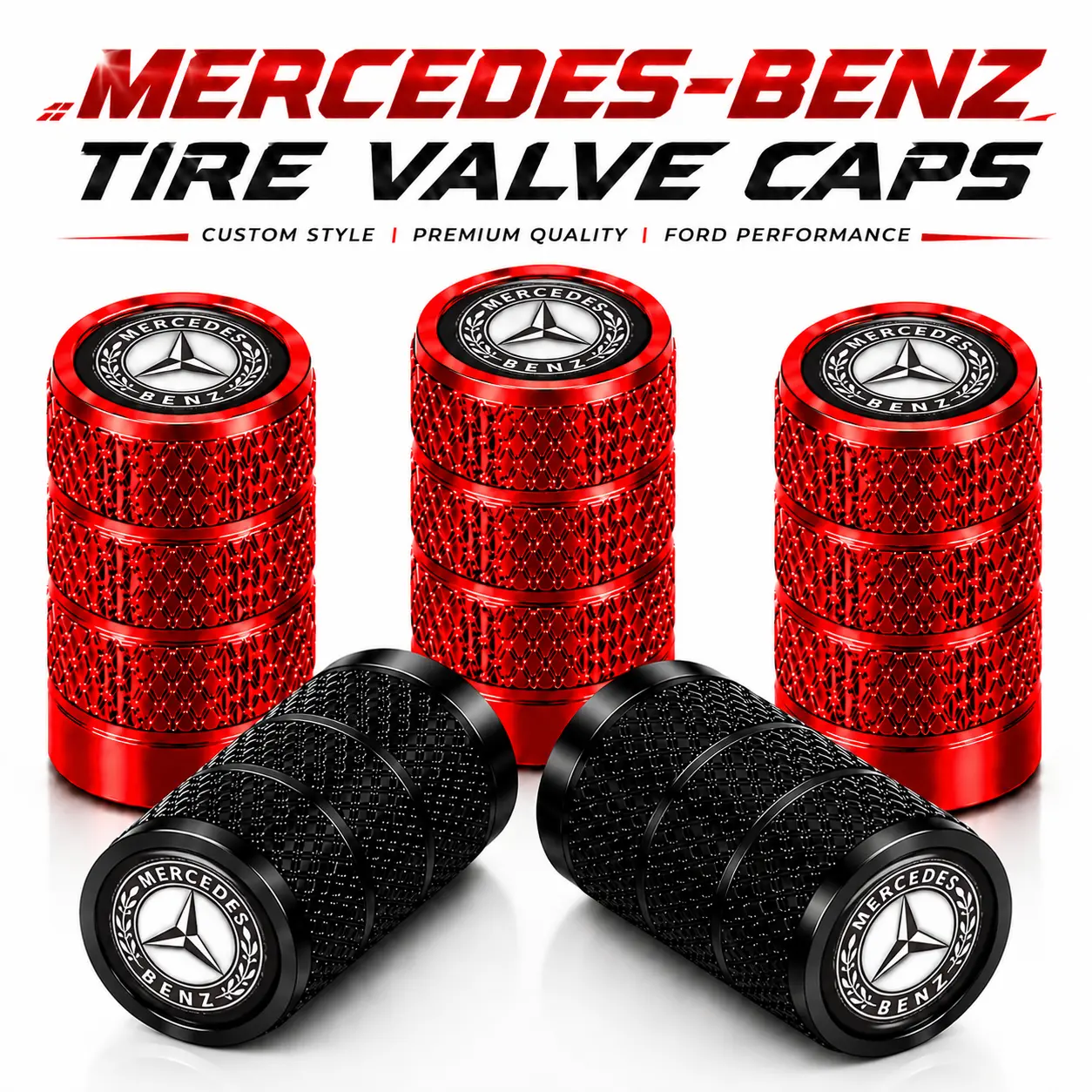 Premium 5 Pack Aluminum Alloy Tire Valve Stem Caps with Rubber Seal For Mercedes Benz GLE GLC E-Class C-Class S-Class GLS GLA Anti-Rust Dustproof Airtight Leak-Proof Tool-Free Install Luxury Premium SUV Sedan Exterior Parts