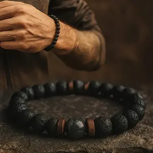 1pc Men's Natural Stone Bracelet - Natural Black & Brown Stone Beads, Bohemian Style Rustic for Daily Wear, Durable Genuine Stone for Gift (Father's Day, Christmas) - Uncoated for an authentic look