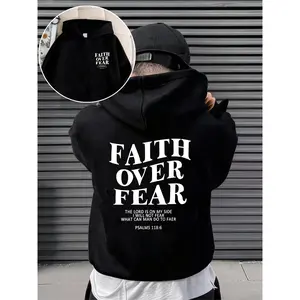 Boys' Hoodie - Faith Over Fear Inspirational Pullover Sweatshirt, Black Hooded Sweater for Teens & Tweens, Loose Fit Christian Faith Apparel for School, Church, Casual Attire - Tween Boys Clothing, Church Outfit, Bold Lettering Design, Comfortable Fabric