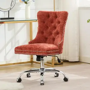 Home Office Chair with Wheels & Silver Base, Cute Chenille Fabric Makeup Vanity Chair with Tufted Back for Bedroom, Upholstered Adjustable Swivel Comfy Desk Chair for Girls Women, Orange