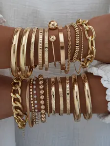 Women's Bracelet Set Chunky Faux Pearl Wide Chain Bangles Jewelry Gift for Women Daily Wear Party Accessories Stackable Bracelet