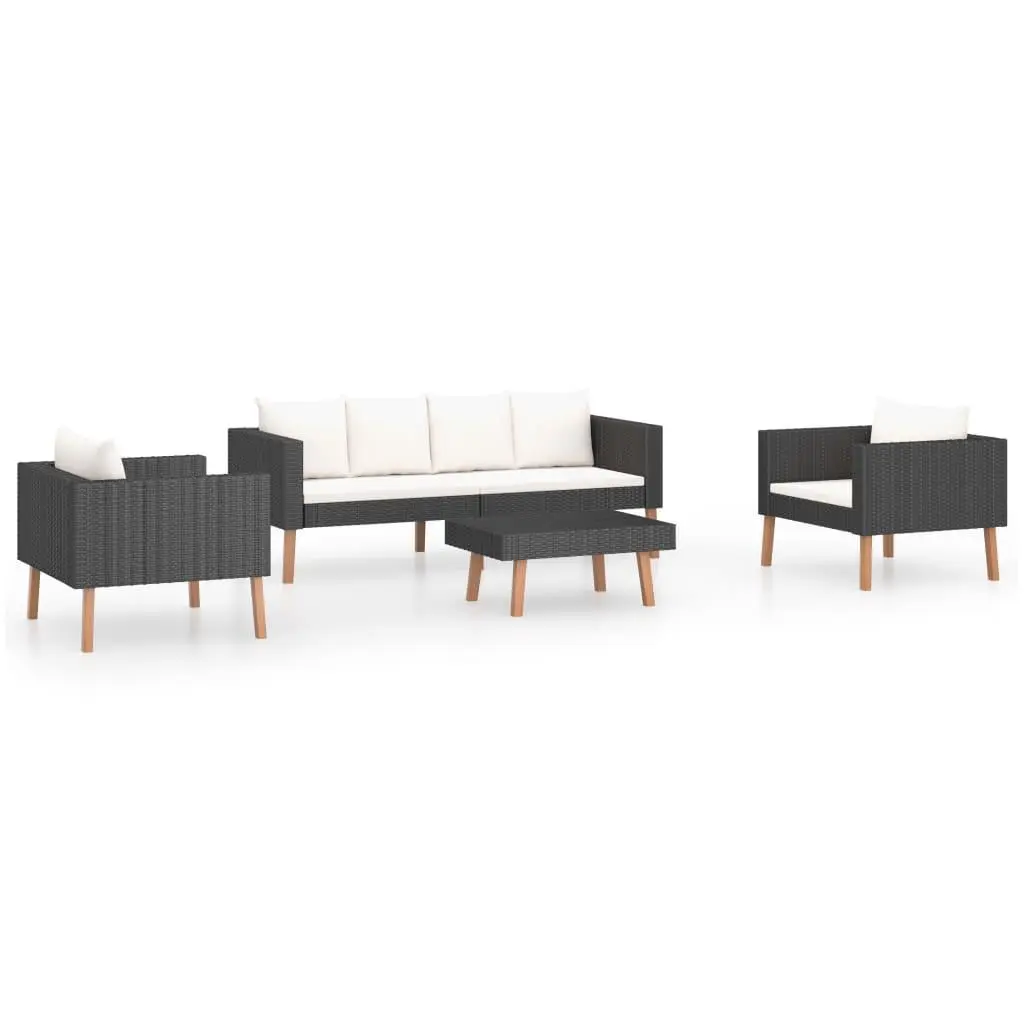 vidaXL Patio Furniture Set 4 Piece, Sectional Sofa for Outdoor Garden, Couch with Cushions, Coffee Table, Scandinavian Style, Poly Rattan Black 3059334