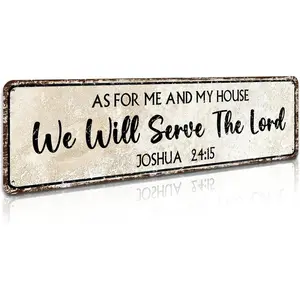 Christian Wall Art Decor - Religious Bible Verses Sign for Gifts, Home, Living Room & Bedroom - Inspirational Scripture Quotes Signs - Joshua 24:15 As for Me We Will Serve The Lord, 4x16 Inch Metal
