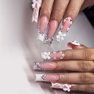 24pcs Long Nail Tips Valentine's Day Wearable Nails, French Heart Bow Gradient Rhinestone Design, Handmade Detachable Fake Nails