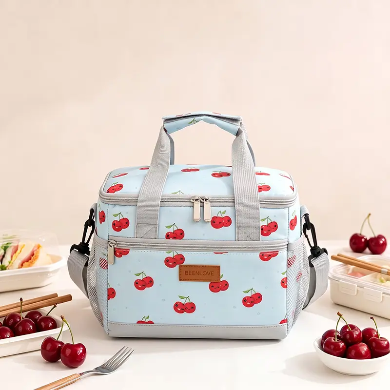 Cute Cherry Print Insulated Lunch Bag - Portable Thermal Reusable Bag with Side Mesh Pockets and Front Pocket