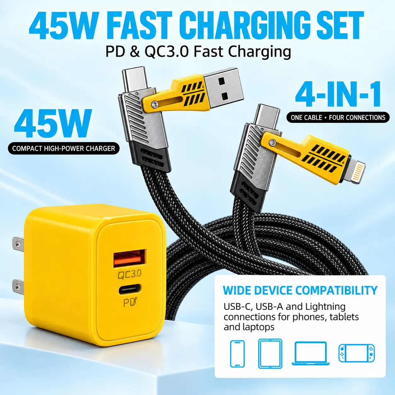 Multi-Port Fast USB-C Wall Charger Block - 30W 2C1A, 20W 1C1A, 45W 4C1A PPS Compact Power Adapter, 45W Set, Cordless, Free US Plug, 2-Year Intl. Warranty, for iPhone/Galaxy Smartphones