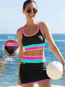 [Run half a size small]Popvil Beachball Kayaking 3 Piece Bikini Sets,Tummy Control & High Waisted Swimsuit with Adjustable Wide Shoulder Straps, Neon Color Sporty Swimsuit