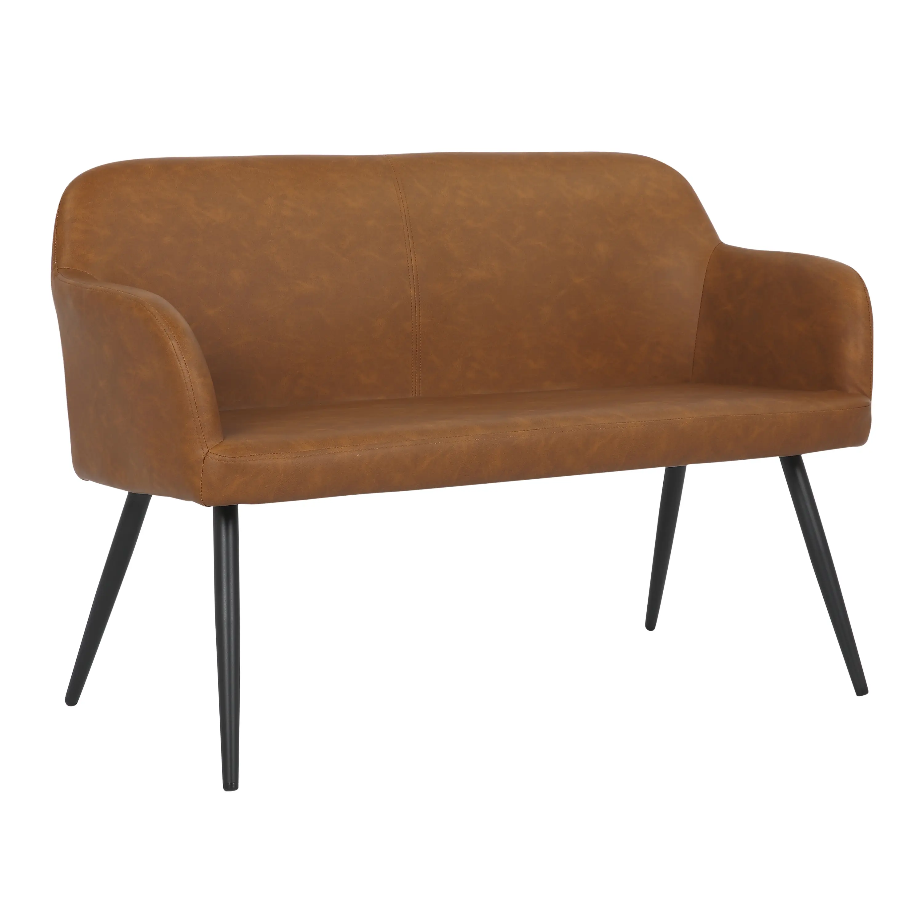 Industrial High Back Bench with Black Steel Frame and Camel Faux Leather Seat