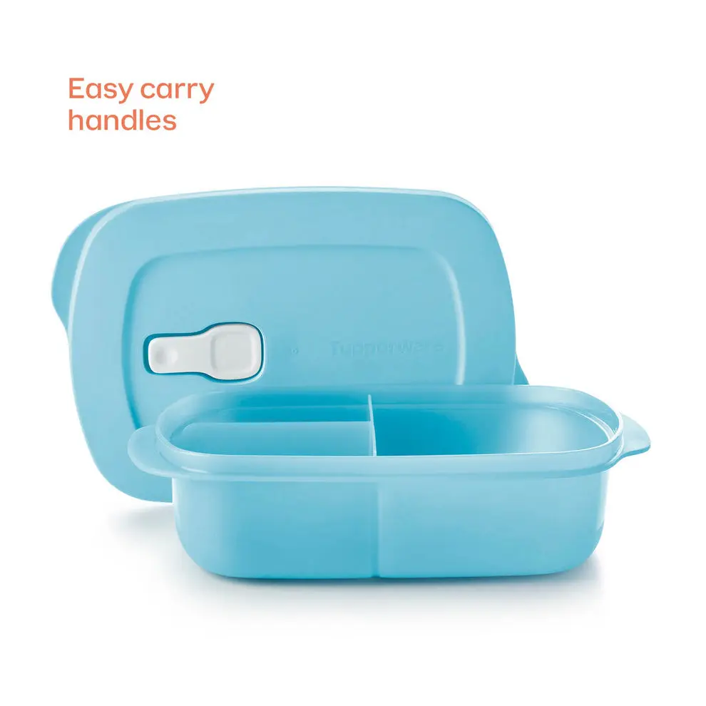 Tupperware CrystalWave Rectangular Divided Dish Three Section Microwave Safe with Steam Release Vent for Meal Prep and Portion Control
