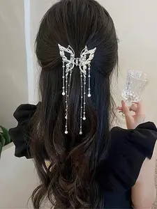 Elegant Metal Pearl Tassel Butterfly Hair Claw Clip, Half-Up Hairstyle Headpiece for Daily Wear & Parties, Stylish Women's Accessory