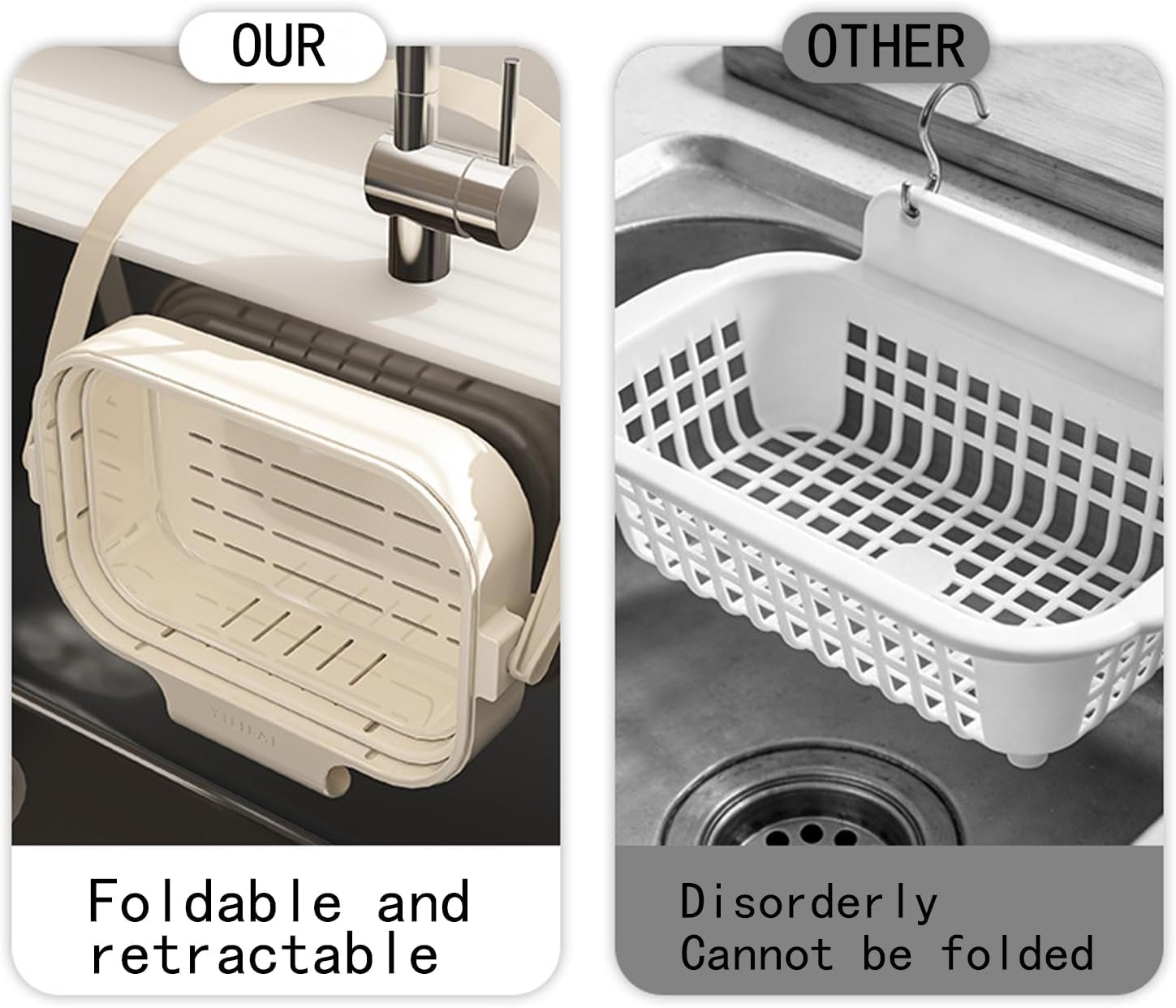 AA Foldable Hanging Kitchen Sink Drain Basket, Stainless Steel Kitchen Accessories - Hands-Free Hygienic Design, High-Efficiency Anti-Clog System, Tool-Free Installation, Slim Space-Saving, Easy-Clean, Low-Maintenance Strainer Kitchenware