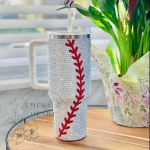 Rhinestones Baseball Tumbler - Decorative Bottle with Red Stripes, Ideal for Drinkware