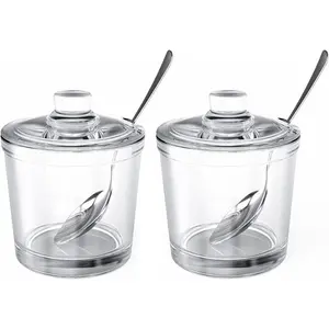 Set of 2 Clear Glass Sugar Bowl, 6 Ounce Seasoning Box Condiment Pots with Spoon and Lid, Sugar Spice Salt Canister for Home Kitchen, Coffee Bar, Restaurant