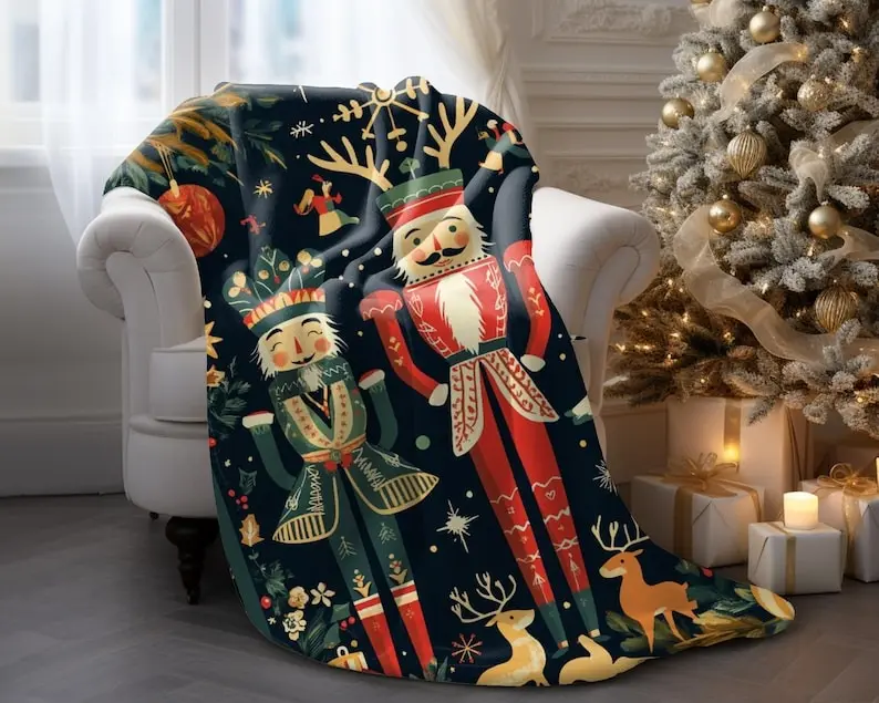 Nutcracker Christmas Plush Blanket, Scandinavian Nutcracker Christmas Throw Blanket