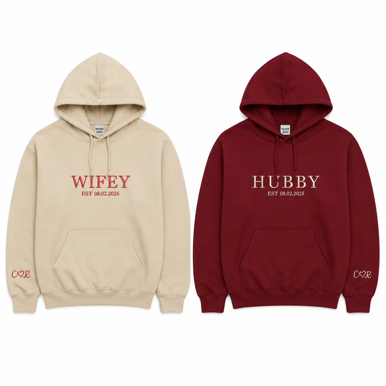 Custom Embroidered Hubby And Wifey Hoodie – Personalized Couple Matching Hoodie With EST Date, Anniversary Gift, Valentines Day Gift for Her