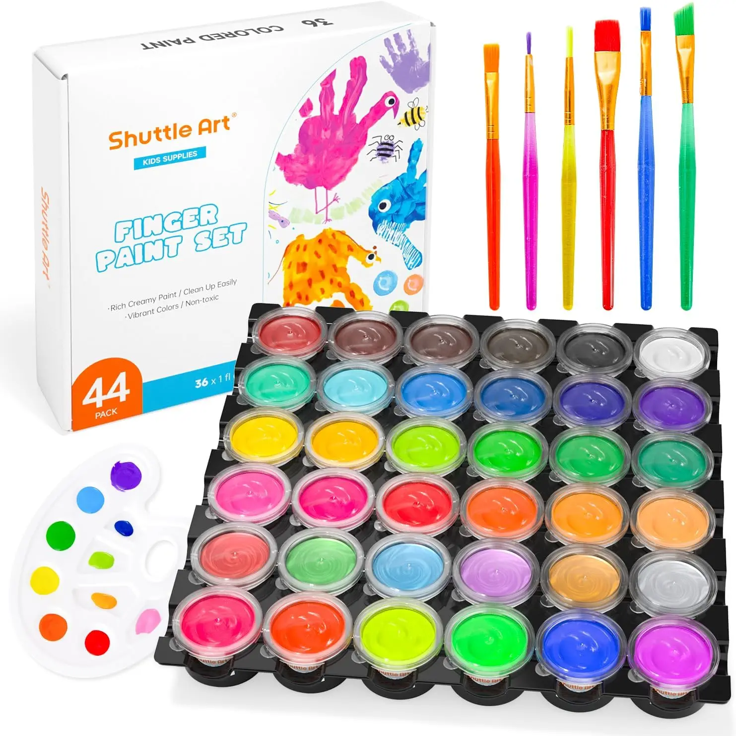 Shuttle Art Washable Finger Paint, 44 PCS with 36 Colors (1 fl oz) Toddler Paint, Paint Brushes, Palette, Non-Toxic Finger Painting Shuttle Art Washable Finger Paint, 44 PCS with 36 Colors (1 fl oz) Toddler Paint, Paint Brushes, Palette, Non-Toxic Finger Painting