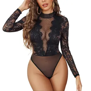Avidlove Women's Lace Bodysuit Lingerie Teddy Going Out Turtleneck Sexy Bodysuits Top with Floral Lace & Polka Dot Mesh Deep V Design