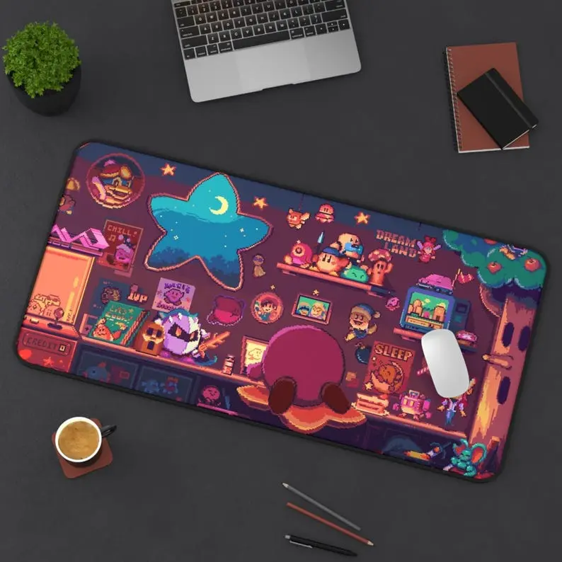 Cozy Kirby Retro Nightroom Pixel Art Desk Mat | Gaming Mousepad | Cute Retro Character Decor