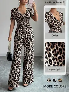 Women's Leopard Print V-Neck Jumpsuit Y2K, Casual Waist Cinched Pleated Design, Wide Leg, Comfortable Fitted Fabric, Perfect for Dates and Outings - Size Up for Better Fit