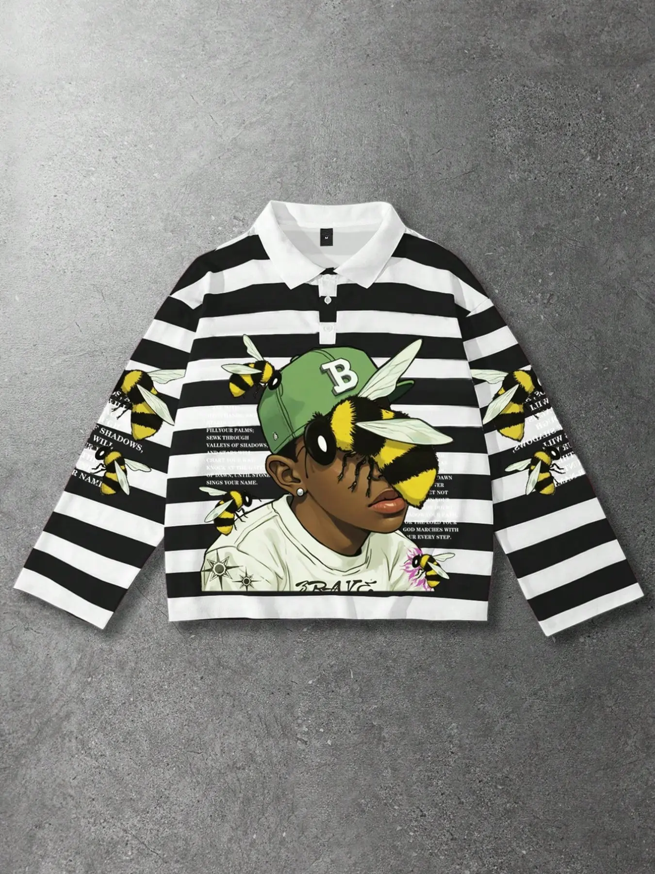 Black and white striped polo long sleeved graphic T-shirt with rap bee print pattern, striped polo collar, Casual Clothing, for European American Streetwear, casual fashion, unisex ins style