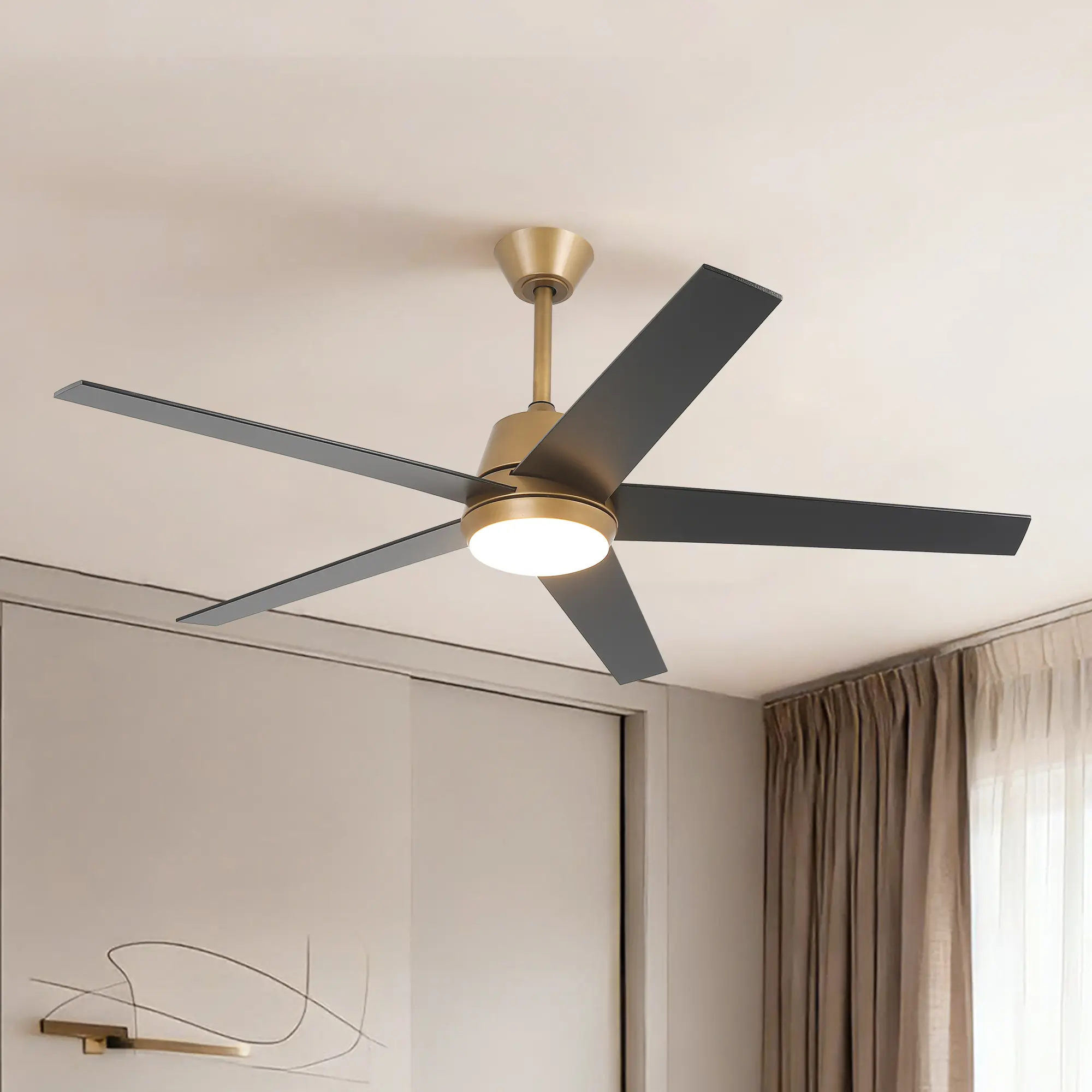 Vaczon 52 Inch Otis Downrod Mount LED Dimmable Ceiling Fan with APP & Remote Control Modern Design Reversible Blades 6 Speeds 3 Light Colors