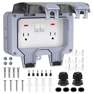 Outdoor Electrical Outlet Double Outdoor Outlet with Cover IP66 Waterproof Outdside Plug Socket Weatherproof Exterior Wall Electrical Box with Switch Indicator Light 2-Gang Power Outlet for Wet Garden Swimming Pool