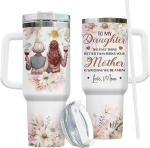 40oz Stainless Steel Vacuum Insulated Water Bottle Set, Portable Mother-Daughter Tumbler with Handle, Straw, Lid, Ideal Gift for New Expecting Moms on Birthday or First Mother’s Day, Insulation