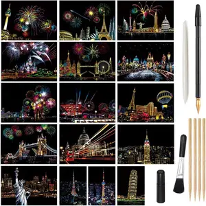 Scratch Art Paper, Mini Envelope Postcard, Rainbow Night View Scratchboard for Adults and Kids, Art & Crafts Set: 16 Sheets Scratch Cards & 8 Tools Drawing Pen, Brush (Travel Around The World)