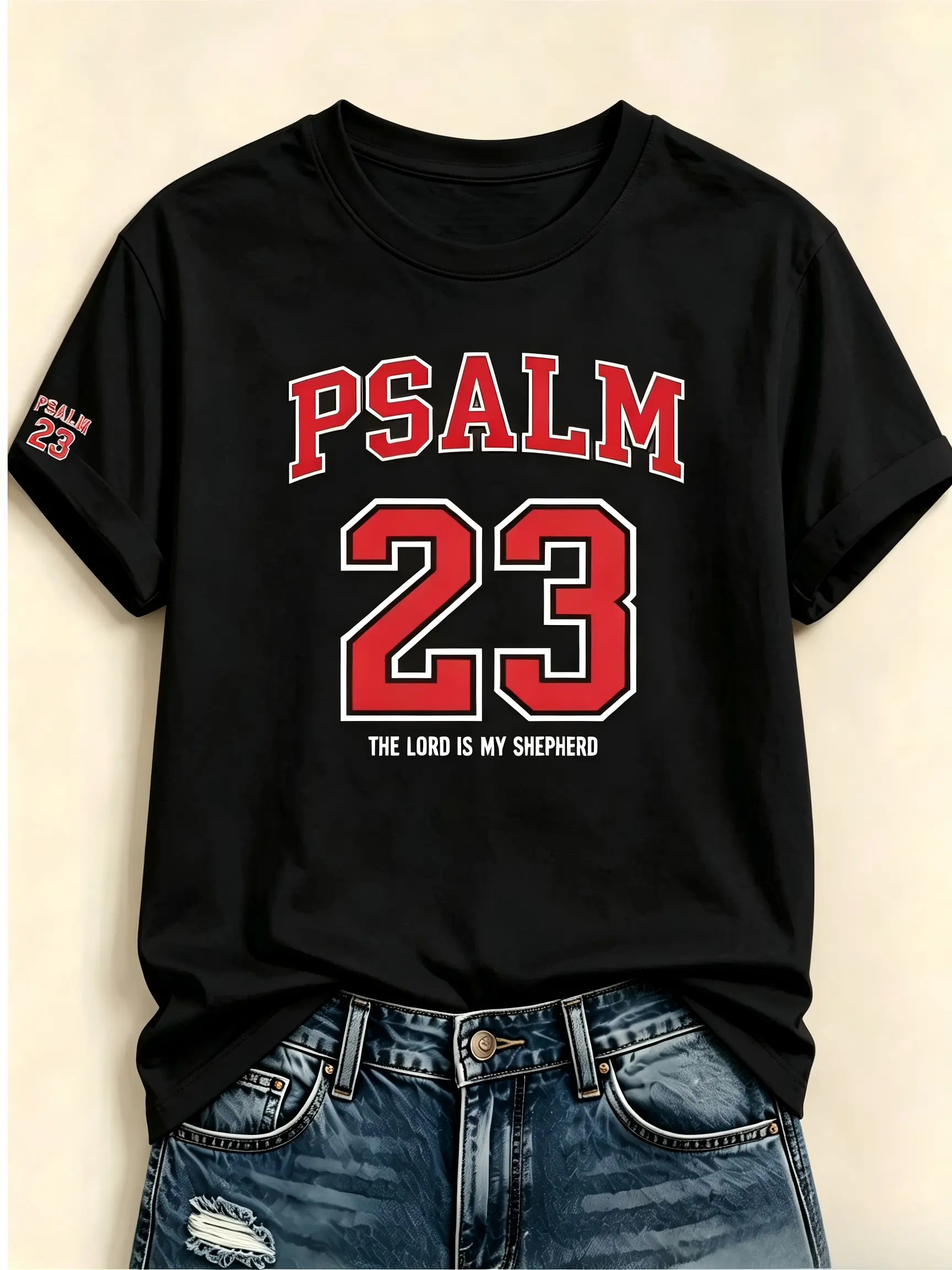 Psalm 23 The Lord Is My Shepherd Varsity Sport Letter Sleeve Print Cotton Crewneck T-Shirt, Christian Faith Casual Short Sleeve Top, Religious Gift Daily Outfit