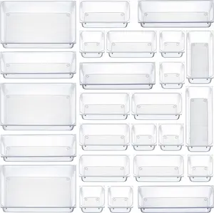 25 PCS Clear Plastic Drawer Organizers Set, 4-Size Versatile Bathroom and Vanity Drawer Organizer Trays, Storage Bins for Makeup, Bedroom, Kitchen Gadgets Utensils and Office Accessories Boxes