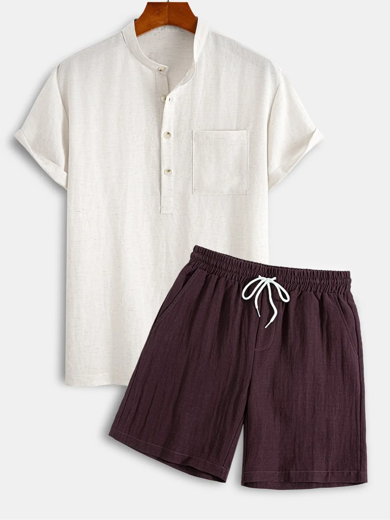 Men's Premium Casual Linen Blend Band Collar Henley Matching Set, Breathable Short Sleeve Shirt & Linen Blend Shorts, 2 Piece Lightweight Summer