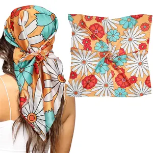 35” Large Silk Like Textures versatile casual Head Scarf Daisy Printed Neck Scarves Hair Band Bandana Head Wrap Kerchief Hair Accessories for women