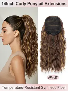 14inch 35cm Deep Brown Deep Wave Clip-On Ponytail Wig – Heat-Resistant Synthetic Fiber, Creates a Natural Curly Hairstyle, Suitable for Women's Daily Use and Styling, Voluminous Curly Hair, Heat-Resistant Fiber, Hair Accessory