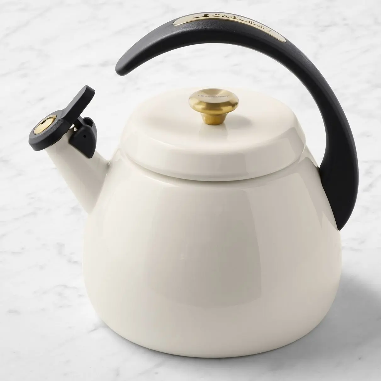 Le Creuset Cloche Tea Kettle, 2-Qt. White with Gold Accents