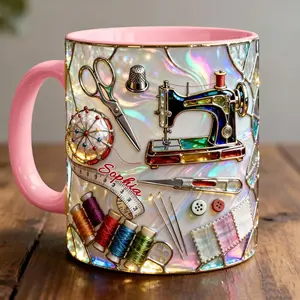 Personalized Sewing Mug 2D Printed 3D Effect, Custom Name Coffee Cup with Craft Tools Design for Sewers, Tailors and DIY Lovers, Perfect for Birthdays, Holidays, Craft Room Use, Meaningful Handmade Gift Idea
