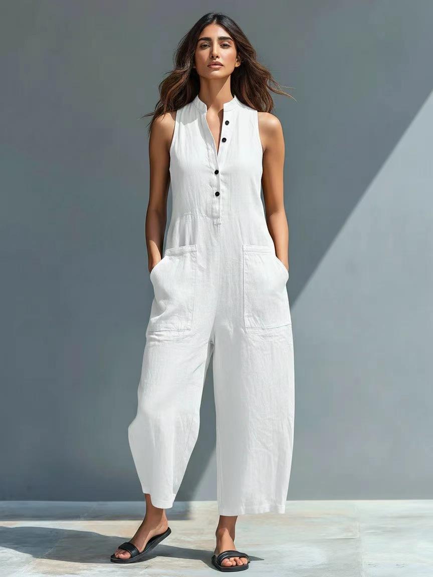 Women's Jumpsuit, Sleeveless Wide-Leg Utility Romper, V-Neck Button Front with Pockets, Casual Summer Vacation Outfit