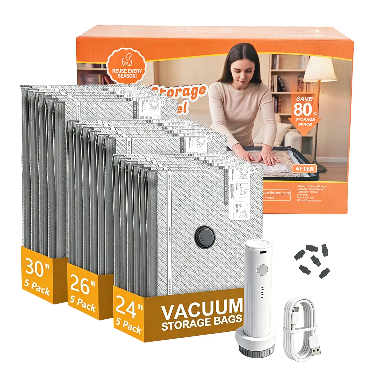2026 New Cordless Travel Vacuum Bag Set with Rechargeable Air Pump - 15-Pack Space Saving Storage Bags, Airtight Resealing Sealed Organizers for Luggage, Sturdy Lightweight Clothes Storage Solution, Vacuum Bags For Travel