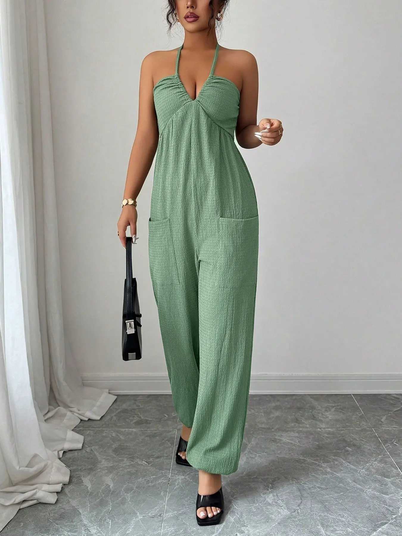 1 Piece Women's Summer Sage Green Halter Sleeveless Wide Leg Jumpsuit, Casual Loose Overalls, Casual Boho Vacation Outfit Womenswear
