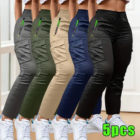 Women’s 5-Pack All-Season Green Letter Print Multi-Pocket Utility Pants, Zippered Large Patch Pockets, Drawstring Elastic Waist, Chic Style, for Casual Outdoor Slow Jogging & Everyday Wear, Utility Pocket Pants