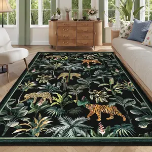 Garvee Area Rug 9'x12' Tiger Rugs Tropical Jungle Plant Rugs Washable Rug for Living Room Non Slip Non Shedding Indoor Floor Cover Low Pile Stain Resistant Carpet for Bedroom Home Decor, Black